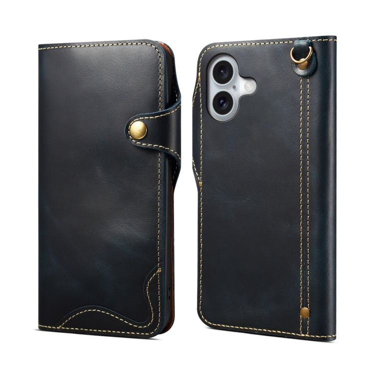Denior B01 Oil Wax Cowhide Magnetic Button Genuine Leather Case, For iPhone 17e / 16e, For iPhone 16 Pro Max, For iPhone 16 Pro, For iPhone 16 Plus