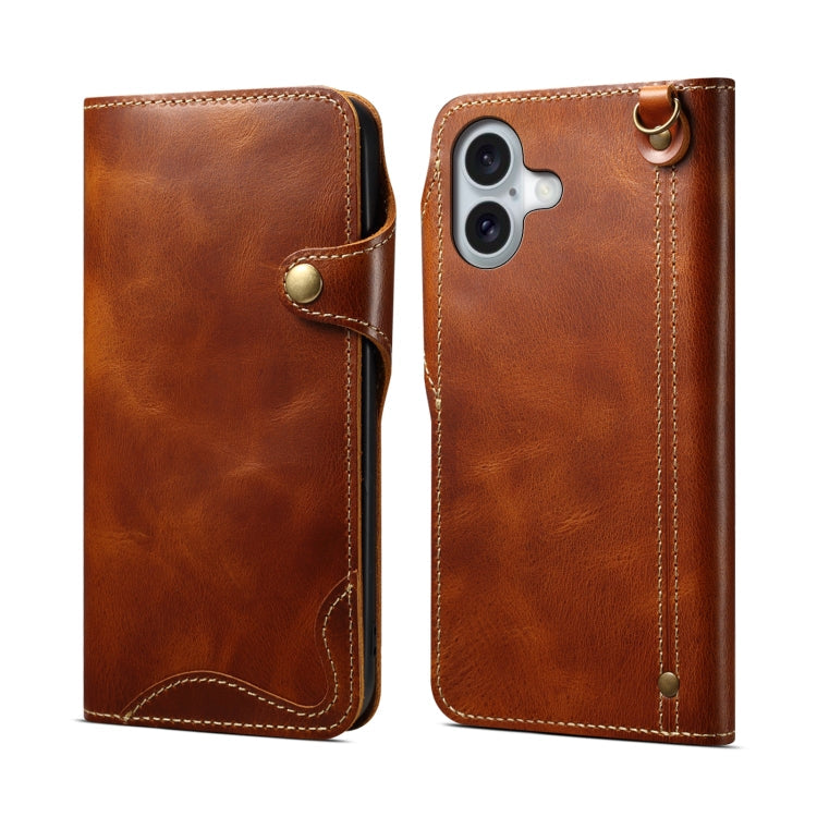 Denior B01 Oil Wax Cowhide Magnetic Button Genuine Leather Case, For iPhone 17e / 16e, For iPhone 16 Pro Max, For iPhone 16 Pro, For iPhone 16 Plus