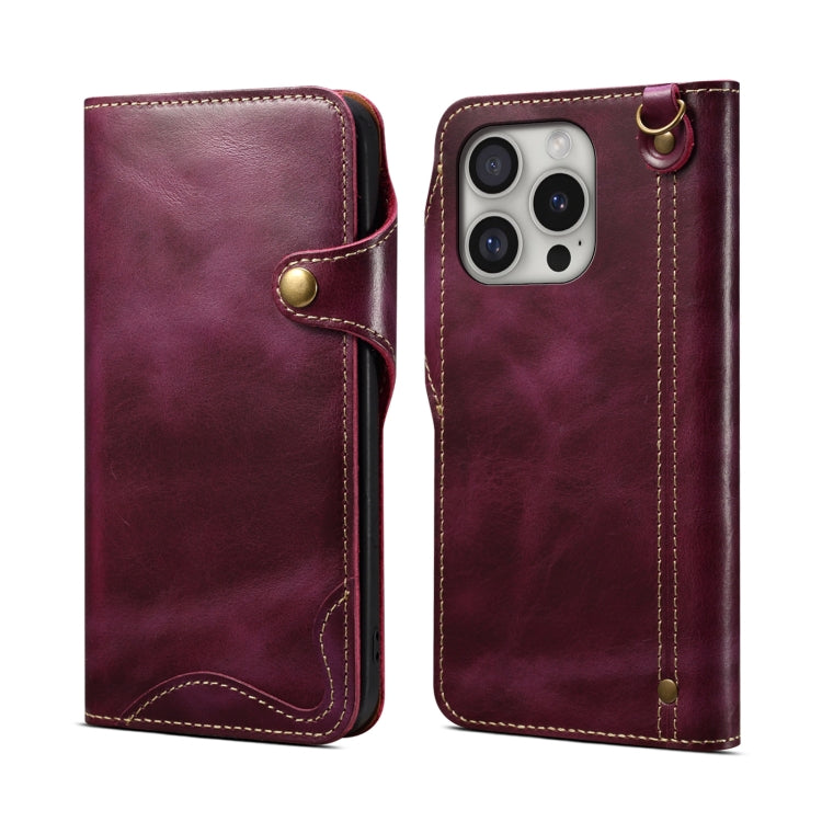 Denior B01 Oil Wax Cowhide Magnetic Button Genuine Leather Case, For iPhone 17e / 16e, For iPhone 16 Pro Max, For iPhone 16 Pro, For iPhone 16 Plus