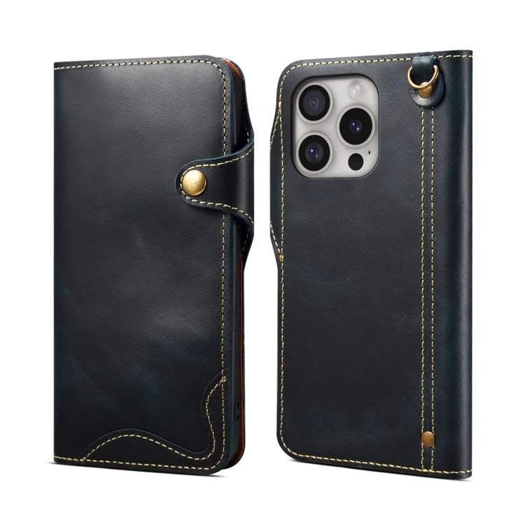 Denior B01 Oil Wax Cowhide Magnetic Button Genuine Leather Case, For iPhone 17e / 16e, For iPhone 16 Pro Max, For iPhone 16 Pro, For iPhone 16 Plus