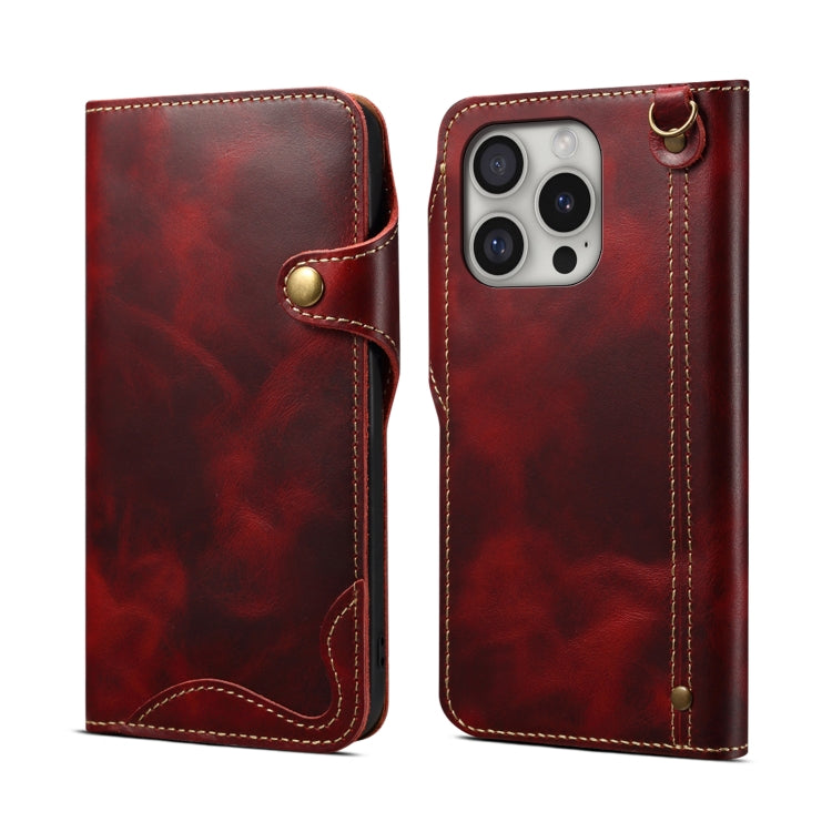 Denior B01 Oil Wax Cowhide Magnetic Button Genuine Leather Case, For iPhone 17e / 16e, For iPhone 16 Pro Max, For iPhone 16 Pro, For iPhone 16 Plus