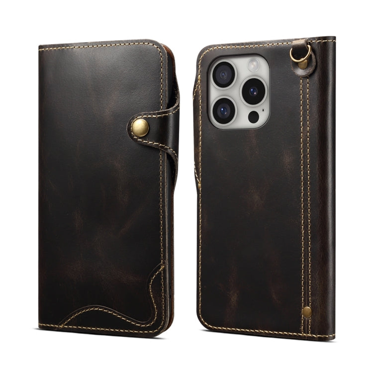 Denior B01 Oil Wax Cowhide Magnetic Button Genuine Leather Case, For iPhone 17e / 16e, For iPhone 16 Pro Max, For iPhone 16 Pro, For iPhone 16 Plus