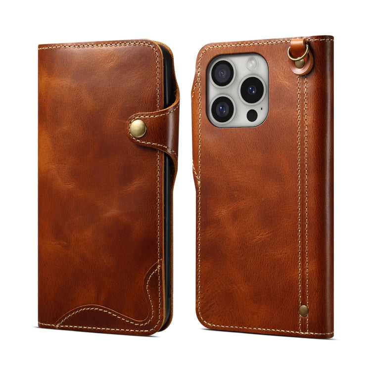 Denior B01 Oil Wax Cowhide Magnetic Button Genuine Leather Case, For iPhone 17e / 16e, For iPhone 16 Pro Max, For iPhone 16 Pro, For iPhone 16 Plus