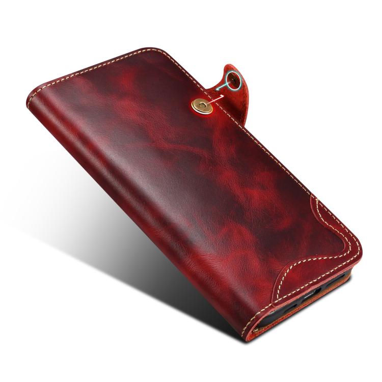 Denior B01 Oil Wax Cowhide Magnetic Button Genuine Leather Case, For iPhone 17e / 16e, For iPhone 16 Pro Max, For iPhone 16 Pro, For iPhone 16 Plus