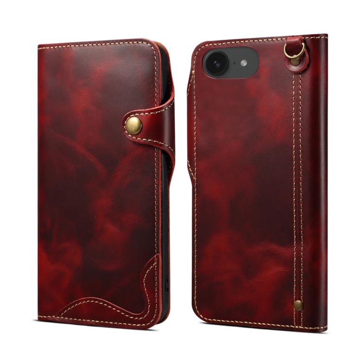 Denior B01 Oil Wax Cowhide Magnetic Button Genuine Leather Case, For iPhone 17e / 16e, For iPhone 16 Pro Max, For iPhone 16 Pro, For iPhone 16 Plus