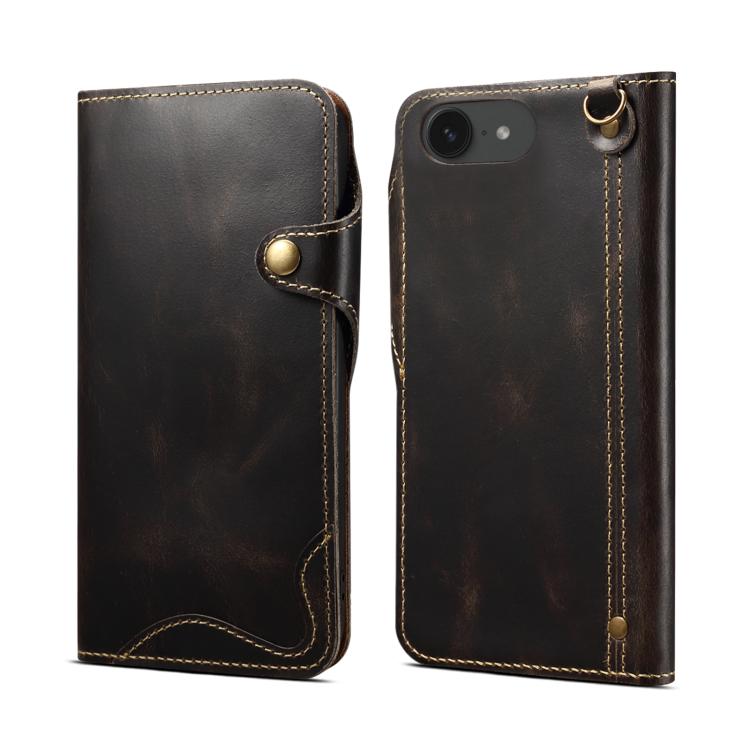 Denior B01 Oil Wax Cowhide Magnetic Button Genuine Leather Case, For iPhone 17e / 16e, For iPhone 16 Pro Max, For iPhone 16 Pro, For iPhone 16 Plus