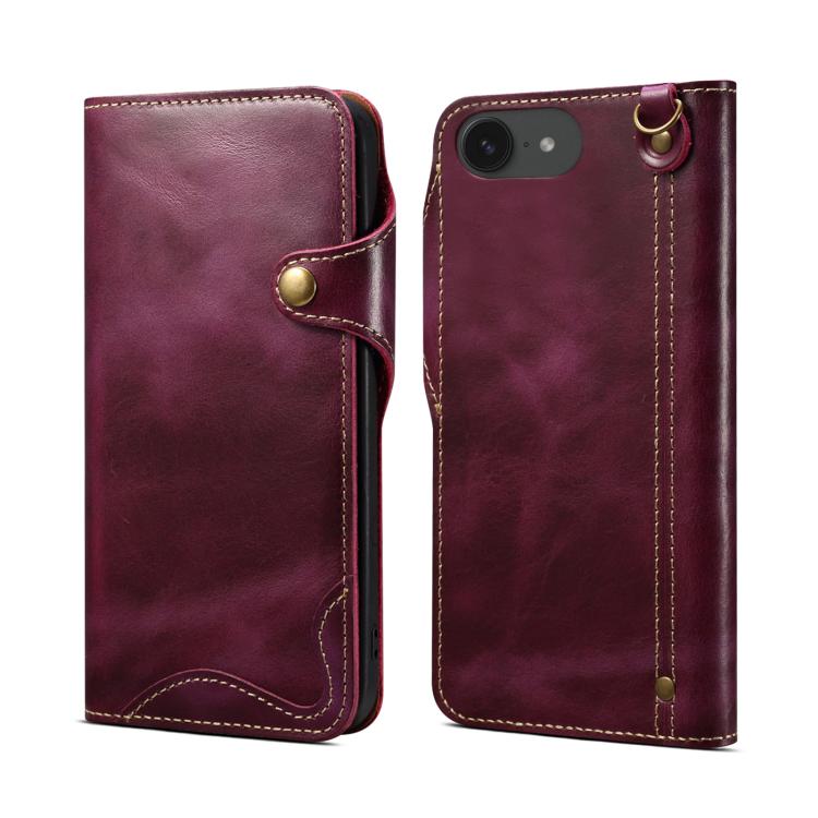 Denior B01 Oil Wax Cowhide Magnetic Button Genuine Leather Case, For iPhone 17e / 16e, For iPhone 16 Pro Max, For iPhone 16 Pro, For iPhone 16 Plus