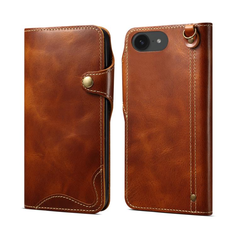 Denior B01 Oil Wax Cowhide Magnetic Button Genuine Leather Case, For iPhone 17e / 16e, For iPhone 16 Pro Max, For iPhone 16 Pro, For iPhone 16 Plus