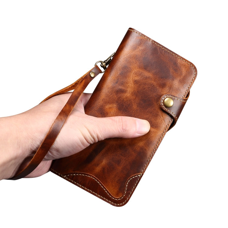 Denior B01 Oil Wax Cowhide Magnetic Button Genuine Leather Case, For iPhone 17e / 16e, For iPhone 16 Pro Max, For iPhone 16 Pro, For iPhone 16 Plus