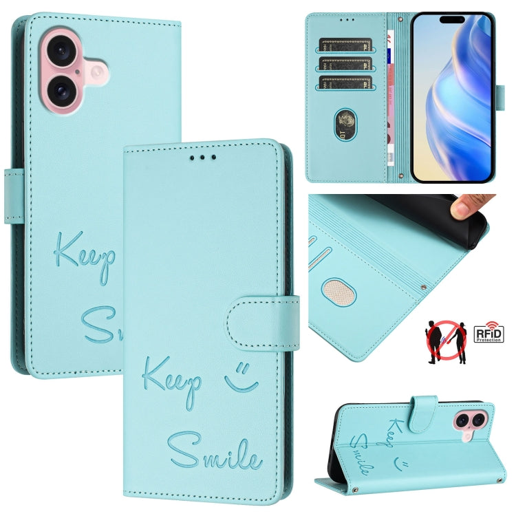Smile Embossing RFID Leather Phone Case, For iPhone 16, For iPhone 15 Pro Max, For iPhone 15 Pro, For iPhone 15 Plus