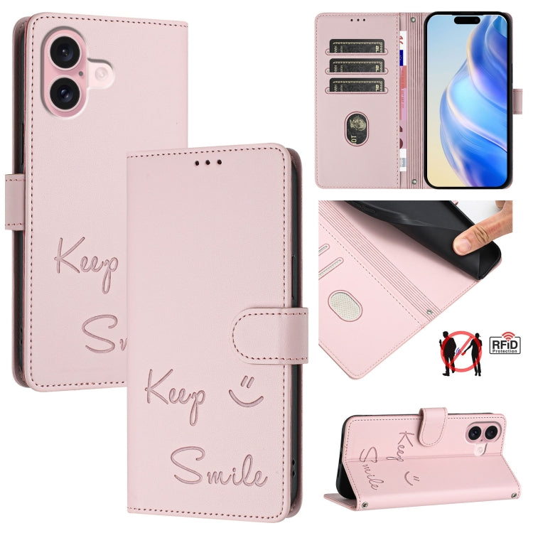 Smile Embossing RFID Leather Phone Case, For iPhone 16, For iPhone 15 Pro Max, For iPhone 15 Pro, For iPhone 15 Plus