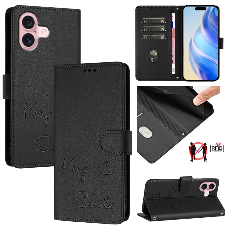 Smile Embossing RFID Leather Phone Case, For iPhone 16, For iPhone 15 Pro Max, For iPhone 15 Pro, For iPhone 15 Plus