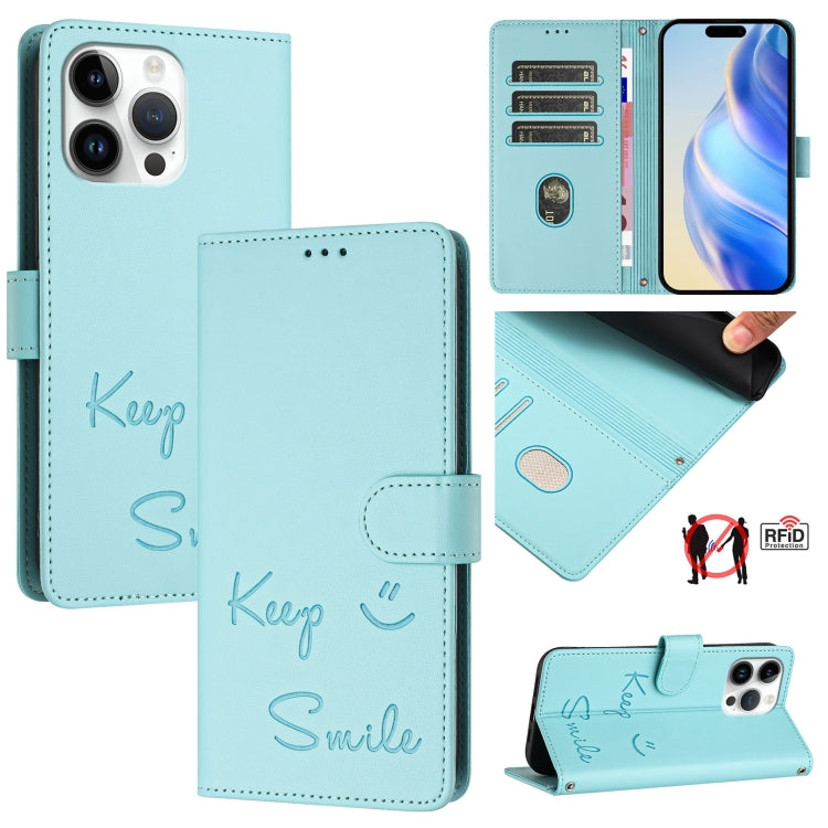 Smile Embossing RFID Leather Phone Case, For iPhone 16, For iPhone 15 Pro Max, For iPhone 15 Pro, For iPhone 15 Plus