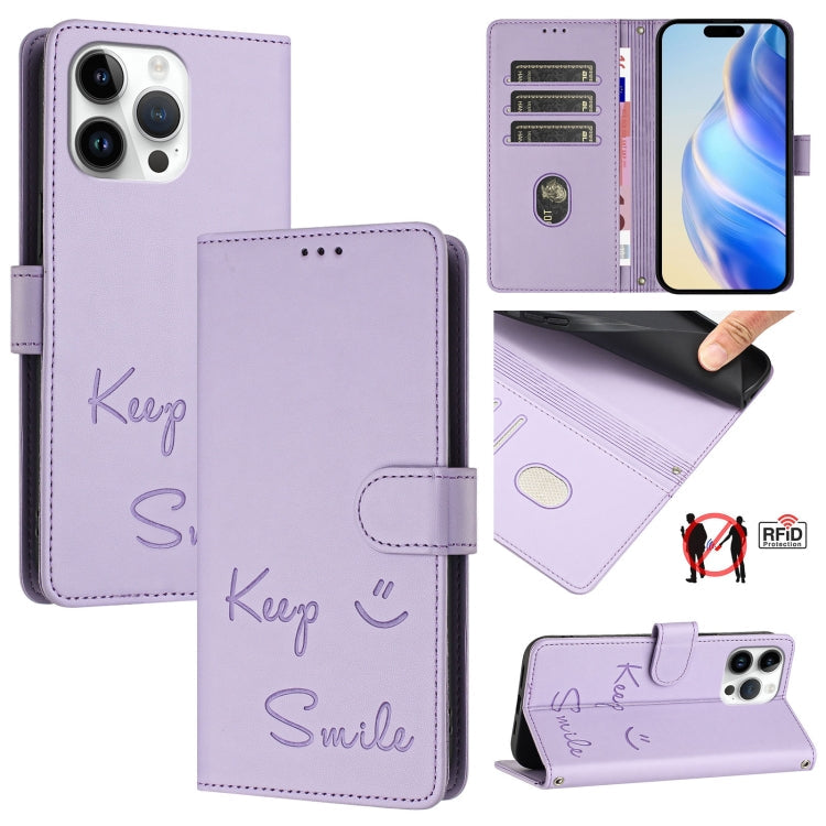 Smile Embossing RFID Leather Phone Case, For iPhone 16, For iPhone 15 Pro Max, For iPhone 15 Pro, For iPhone 15 Plus