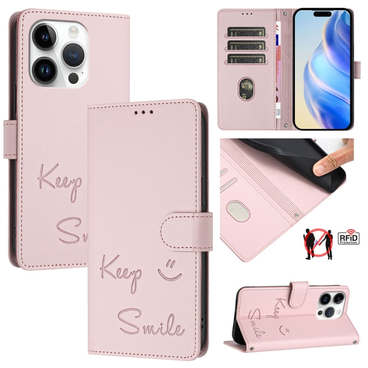 Smile Embossing RFID Leather Phone Case, For iPhone 16, For iPhone 15 Pro Max, For iPhone 15 Pro, For iPhone 15 Plus