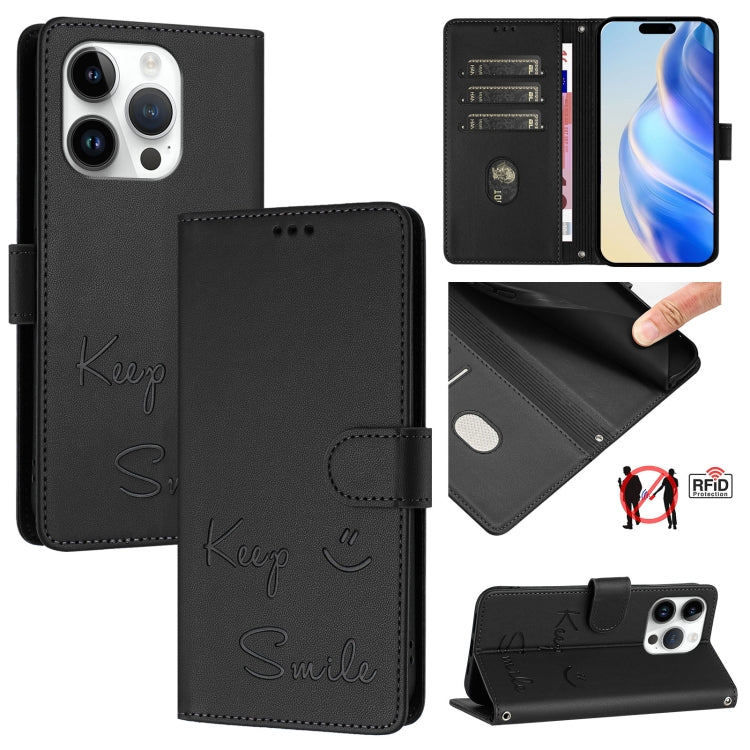 Smile Embossing RFID Leather Phone Case, For iPhone 16, For iPhone 15 Pro Max, For iPhone 15 Pro, For iPhone 15 Plus