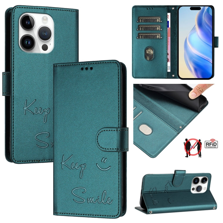 Smile Embossing RFID Leather Phone Case, For iPhone 16, For iPhone 15 Pro Max, For iPhone 15 Pro, For iPhone 15 Plus