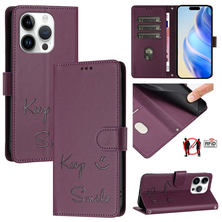 Smile Embossing RFID Leather Phone Case, For iPhone 16, For iPhone 15 Pro Max, For iPhone 15 Pro, For iPhone 15 Plus