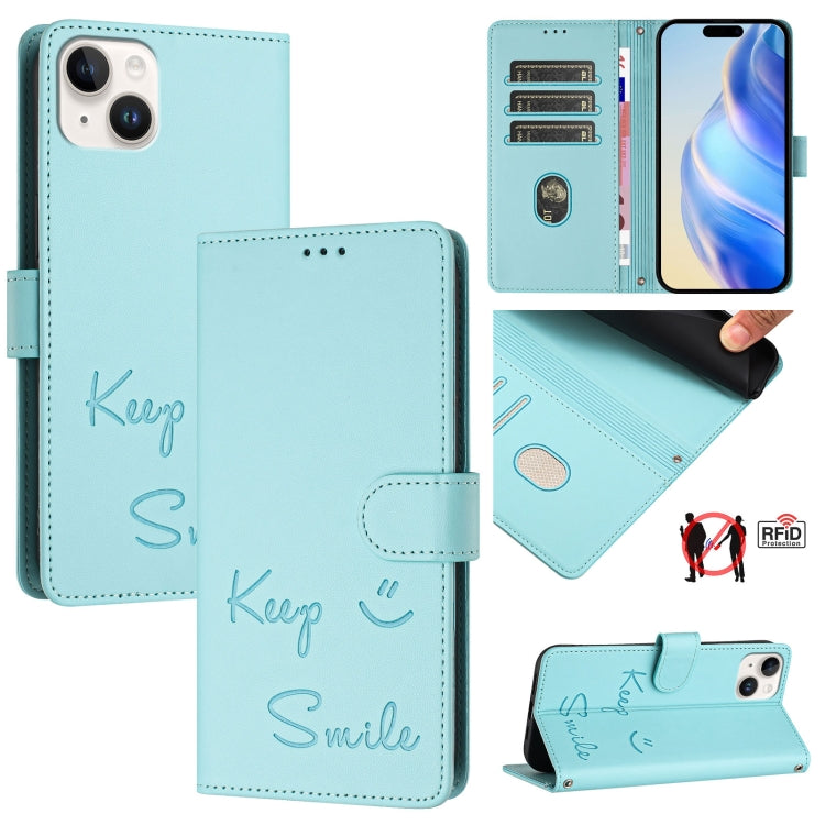 Smile Embossing RFID Leather Phone Case, For iPhone 16, For iPhone 15 Pro Max, For iPhone 15 Pro, For iPhone 15 Plus