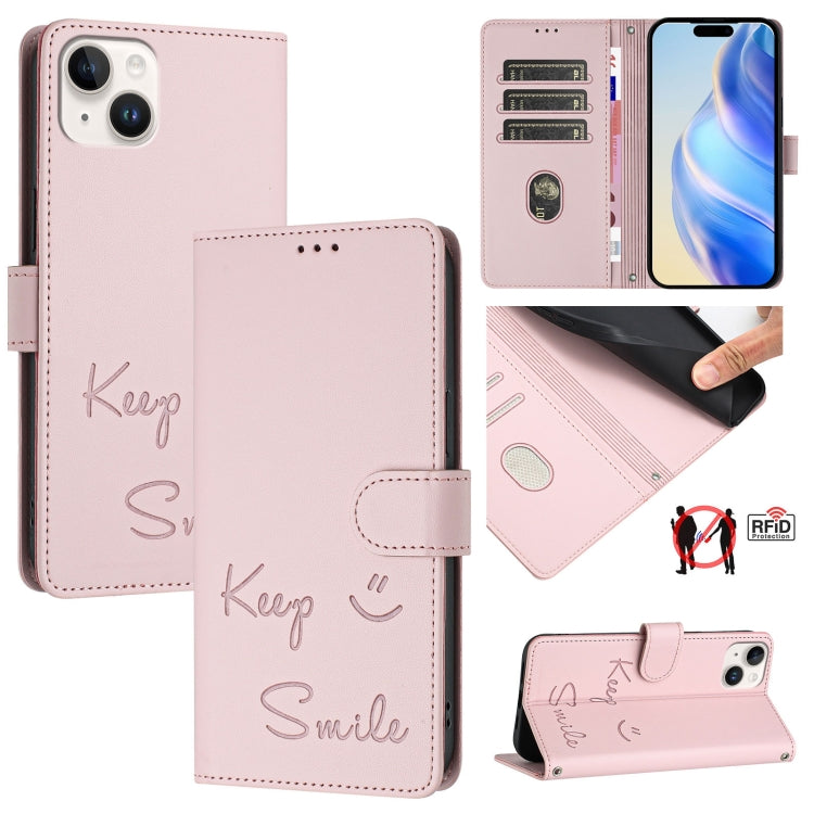 Smile Embossing RFID Leather Phone Case, For iPhone 16, For iPhone 15 Pro Max, For iPhone 15 Pro, For iPhone 15 Plus