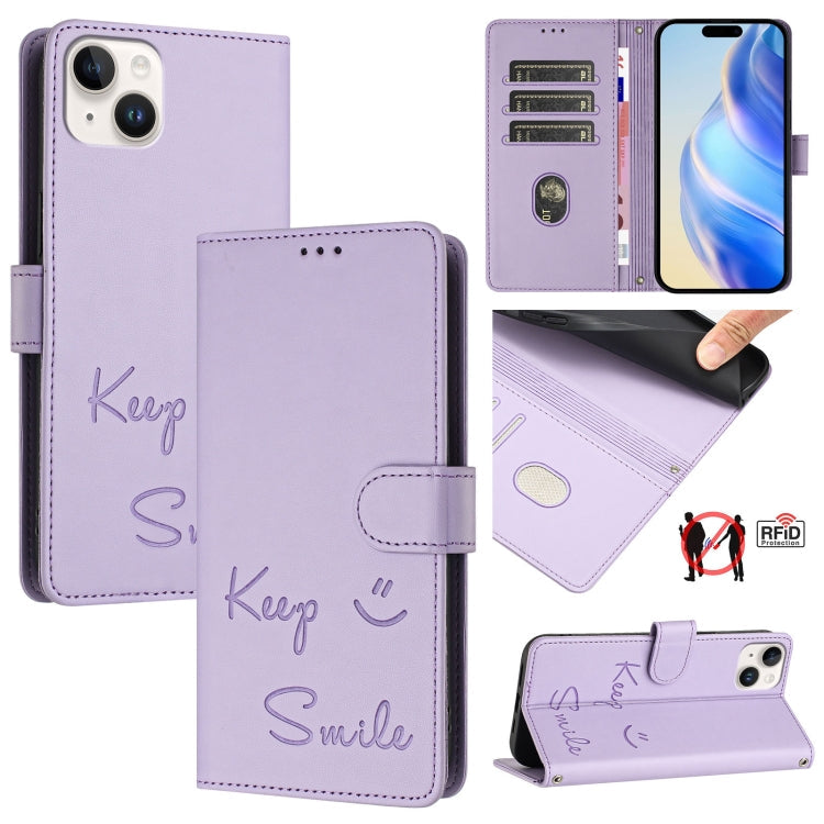 Smile Embossing RFID Leather Phone Case, For iPhone 16, For iPhone 15 Pro Max, For iPhone 15 Pro, For iPhone 15 Plus