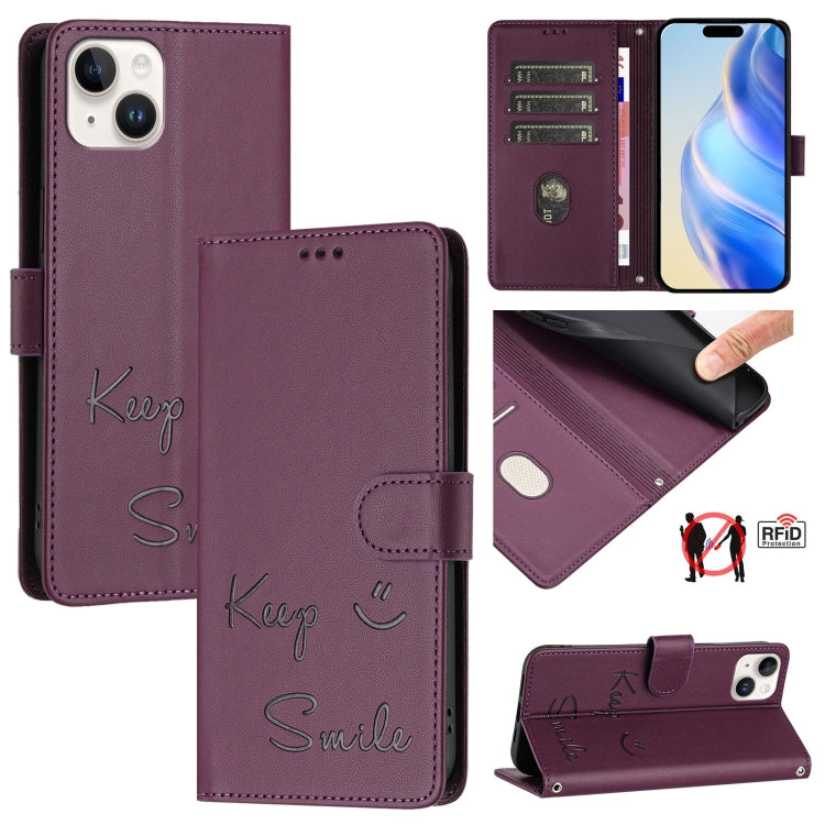 Smile Embossing RFID Leather Phone Case, For iPhone 16, For iPhone 15 Pro Max, For iPhone 15 Pro, For iPhone 15 Plus