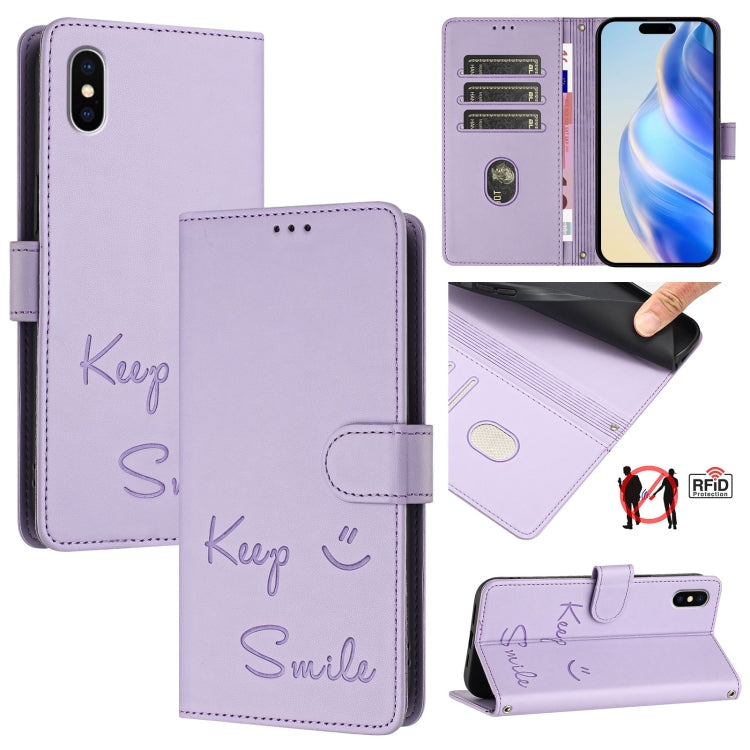 Smile Embossing RFID Leather Phone Case, For iPhone X / XS, For iPhone XR, For iPhone XS Max, For iPhone 8 Plus / 7 Plus