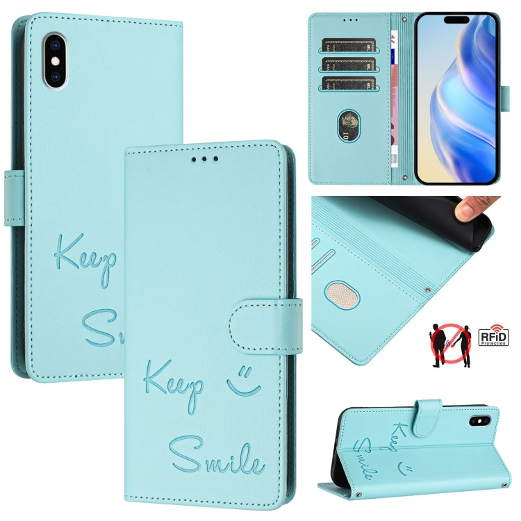 Smile Embossing RFID Leather Phone Case, For iPhone X / XS, For iPhone XR, For iPhone XS Max, For iPhone 8 Plus / 7 Plus