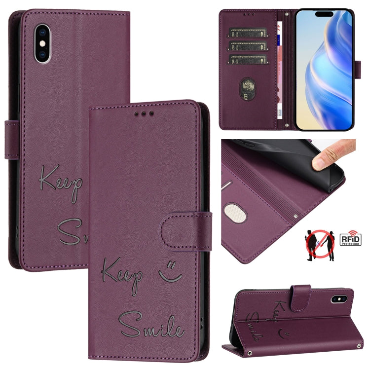Smile Embossing RFID Leather Phone Case, For iPhone X / XS, For iPhone XR, For iPhone XS Max, For iPhone 8 Plus / 7 Plus