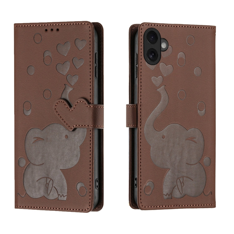 Cartoon Elephant Embossed Leather Phone Case, For iPhone 16 Pro Max, For iPhone 16 Pro, For iPhone 16 Plus, For iPhone 16
