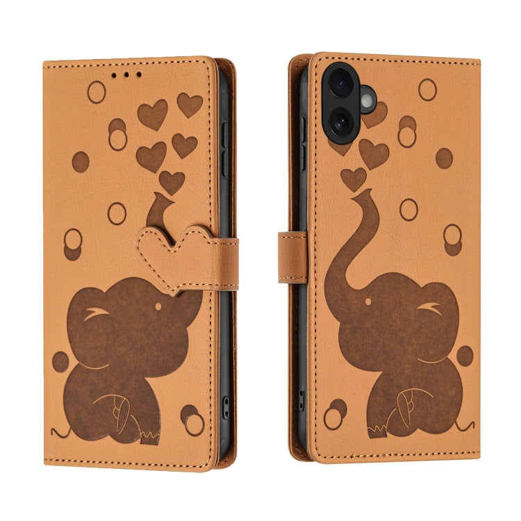 Cartoon Elephant Embossed Leather Phone Case, For iPhone 16 Pro Max, For iPhone 16 Pro, For iPhone 16 Plus, For iPhone 16