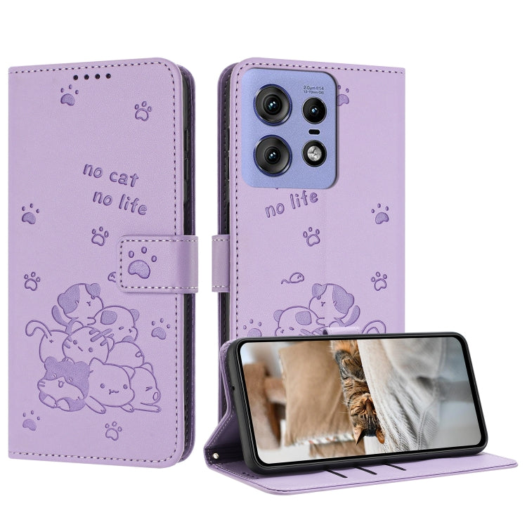 Embossed Kitten Phone Leather Case with Lanyard, For Motorola Edge 2024 5G, For Motorola Edge 50 Ultra, For Motorola Edge 50 Pro, For Motorola Edge 50 Fusion
