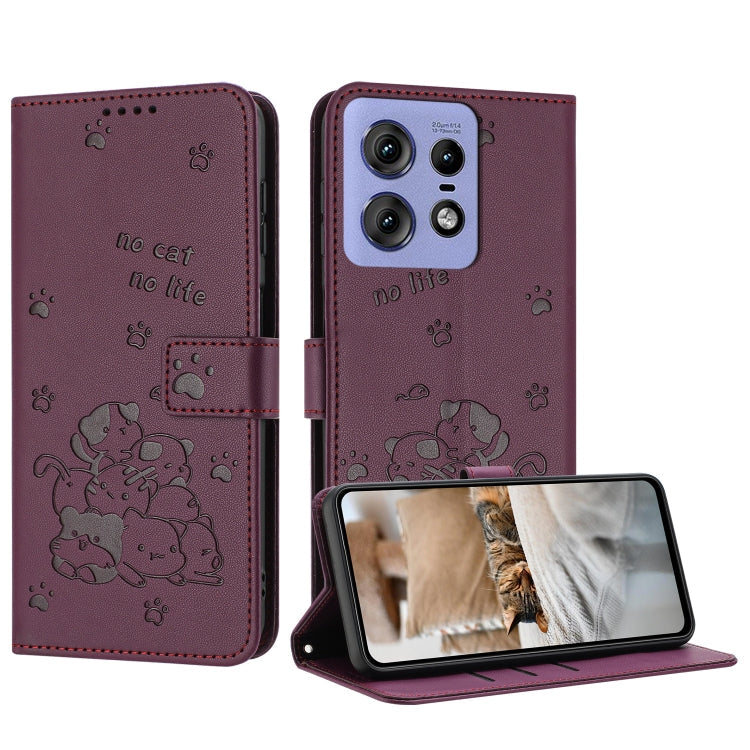 Embossed Kitten Phone Leather Case with Lanyard, For Motorola Edge 2024 5G, For Motorola Edge 50 Ultra, For Motorola Edge 50 Pro, For Motorola Edge 50 Fusion