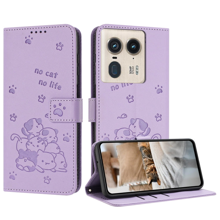 Embossed Kitten Phone Leather Case with Lanyard, For Motorola Edge 2024 5G, For Motorola Edge 50 Ultra, For Motorola Edge 50 Pro, For Motorola Edge 50 Fusion