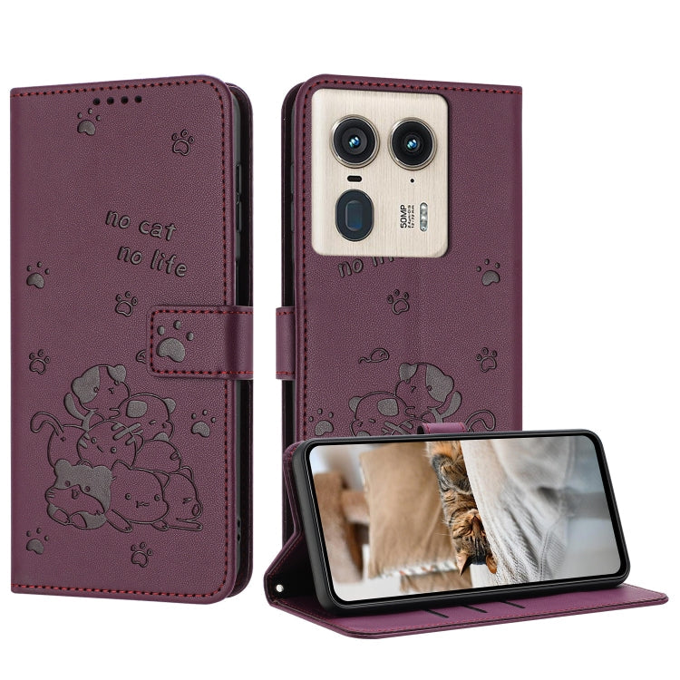 Embossed Kitten Phone Leather Case with Lanyard, For Motorola Edge 2024 5G, For Motorola Edge 50 Ultra, For Motorola Edge 50 Pro, For Motorola Edge 50 Fusion