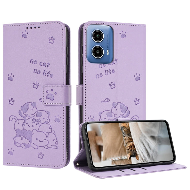 Embossed Kitten Phone Leather Case with Lanyard, For Motorola Moto G 5G 2024, For Motorola Moto G Stylus 5G 2024, For Motorola Moto G34, For Motorola Moto G Play 4G 2024