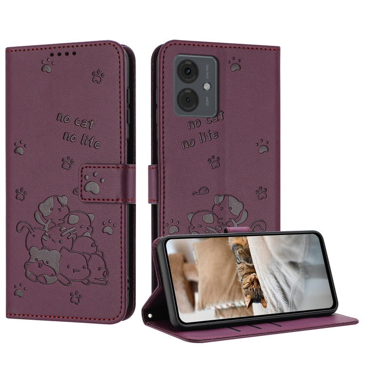 Embossed Kitten Phone Leather Case with Lanyard, For Motorola Moto G35, For Motorola Moto G55, For Motorola Moto G04 / G24 / G04s, For Motorola Moto G85