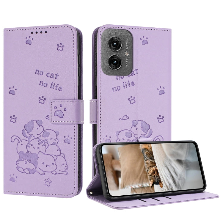 Embossed Kitten Phone Leather Case with Lanyard, For Motorola Moto G35, For Motorola Moto G55, For Motorola Moto G04 / G24 / G04s, For Motorola Moto G85