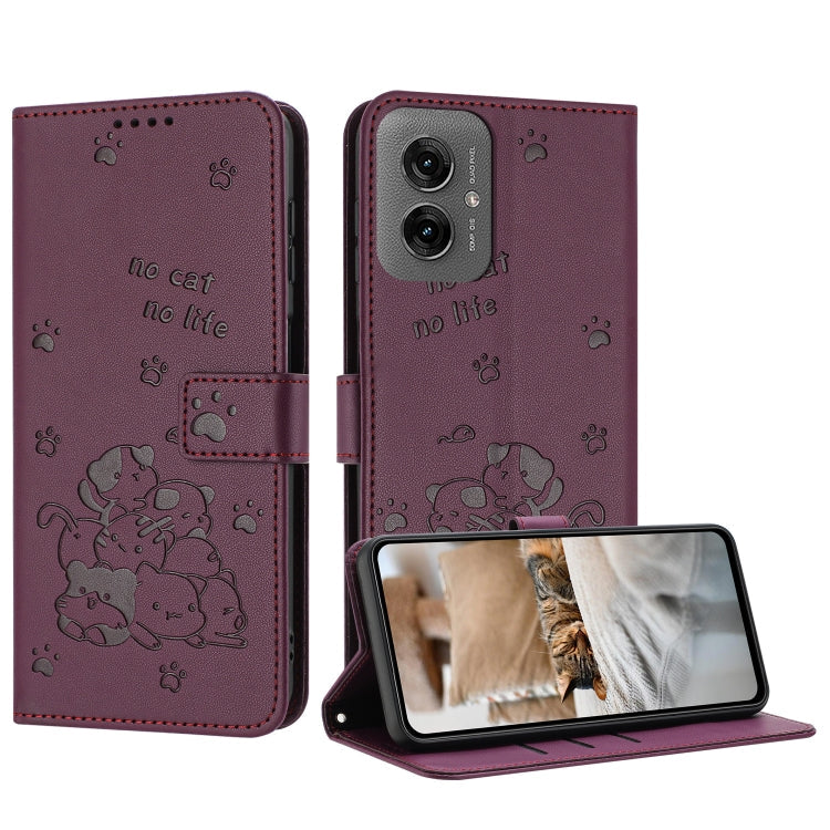 Embossed Kitten Phone Leather Case with Lanyard, For Motorola Moto G35, For Motorola Moto G55, For Motorola Moto G04 / G24 / G04s, For Motorola Moto G85