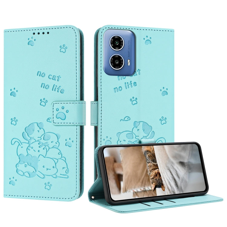 Embossed Kitten Phone Leather Case with Lanyard, For Motorola Moto G35, For Motorola Moto G55, For Motorola Moto G04 / G24 / G04s, For Motorola Moto G85