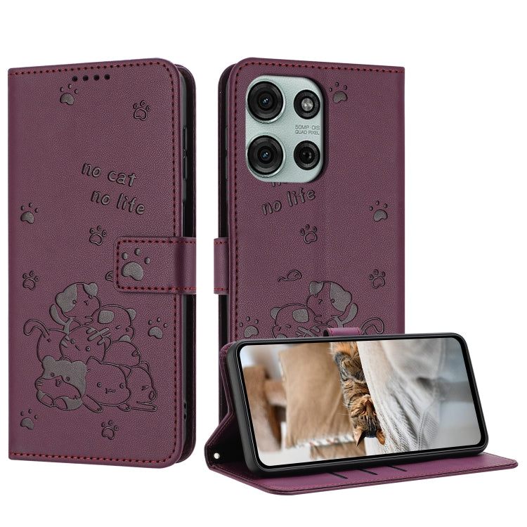 Embossed Kitten Phone Leather Case with Lanyard, For Motorola Moto G 5G 2025, For Motorola Moto G Power / G Play 2025, For Motorola Moto G75, For Motorola Moto S50 / Edge 50 Neo