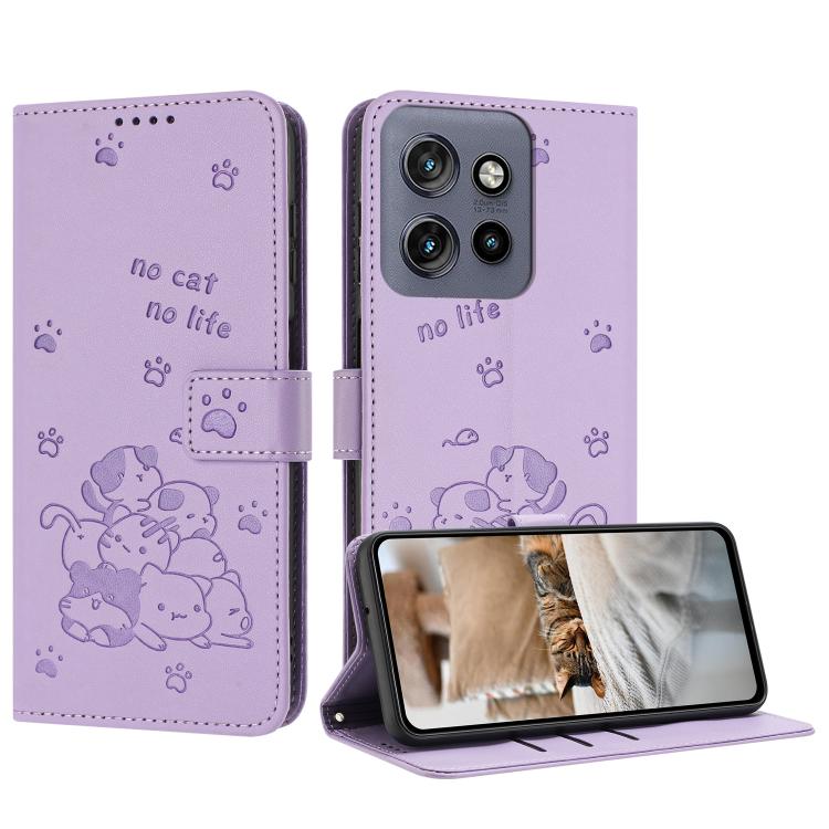 Embossed Kitten Phone Leather Case with Lanyard, For Motorola Moto G 5G 2025, For Motorola Moto G Power / G Play 2025, For Motorola Moto G75, For Motorola Moto S50 / Edge 50 Neo