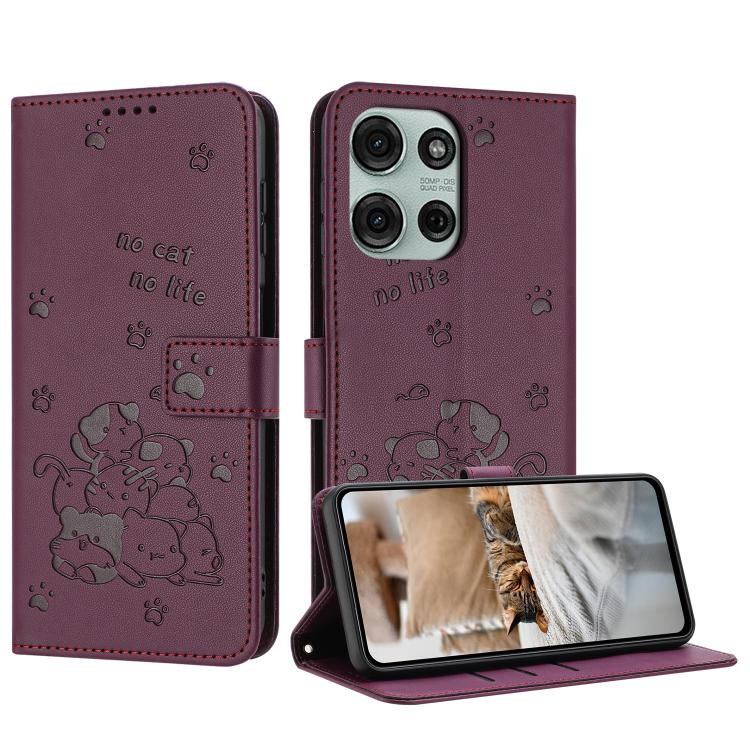Embossed Kitten Phone Leather Case with Lanyard, For Motorola Moto G06 4G, For Motorola Moto G86 5G, For Motorola Moto G56 5G, For Motorola Edge 60 Pro