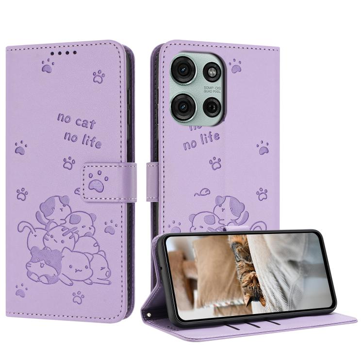 Embossed Kitten Phone Leather Case with Lanyard, For Motorola Moto G06 4G, For Motorola Moto G86 5G, For Motorola Moto G56 5G, For Motorola Edge 60 Pro
