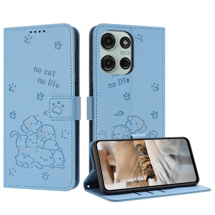 Embossed Kitten Phone Leather Case with Lanyard, For Motorola Moto G06 4G, For Motorola Moto G86 5G, For Motorola Moto G56 5G, For Motorola Edge 60 Pro