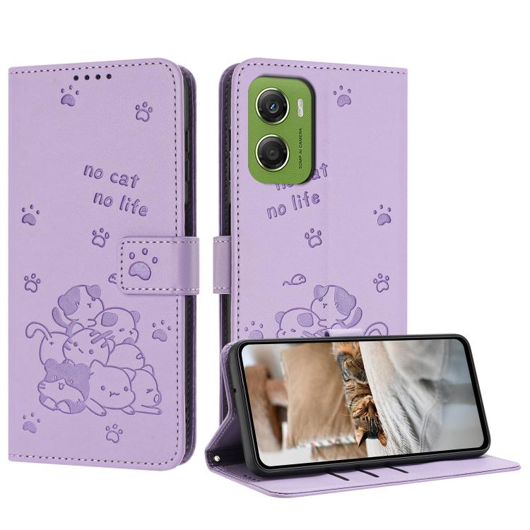 Embossed Kitten Phone Leather Case with Lanyard, For Motorola Moto G06 4G, For Motorola Moto G86 5G, For Motorola Moto G56 5G, For Motorola Edge 60 Pro
