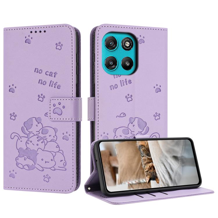 Embossed Kitten Phone Leather Case with Lanyard, For Motorola Moto G67 / G77 5G, For Motorola Edge 70 Fusion 5G, For Motorola Moto G67 Power / G57 Power, For Motorola Edge 70 5G