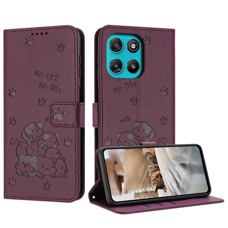 Embossed Kitten Phone Leather Case with Lanyard, For Motorola Moto G67 / G77 5G, For Motorola Edge 70 Fusion 5G, For Motorola Moto G67 Power / G57 Power, For Motorola Edge 70 5G
