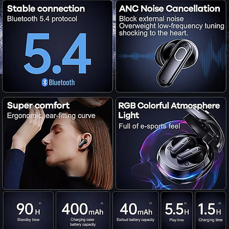 REMAX GameBuds G9 ANC Noise Reduction Gaming Wireless Bluetooth Earphones, Gamebuds G9  Black