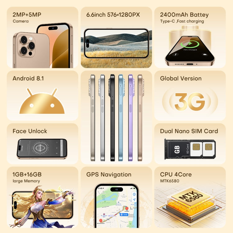 U218 / i16 Pro Max, 1GB+16GB, 6.6 inch Android 8.1 MTK6580A Quad Core, OTG, Network: 3G, Dual SIM, AU Plug